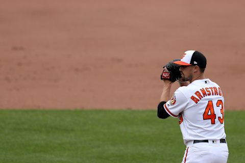 BALTIMORE, MARYLAND – MAY 27: Shawn Armstrong #43 of the Baltimore Orioles throws to a Detroit Tigers batter in the ninth inning at Oriole Park at Camden Yards on May 27, 2019 in Baltimore, Maryland. (Photo by Rob Carr/Getty Images)