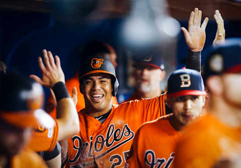 TORONTO, ONTARIO – JULY 6: Anthony Santander #25 of the Baltimore Orioles celebrates scoring with the dugout against the Toronto Blue Jays in the fourth inning during their MLB game at the Rogers Centre on July 6, 2019 in Toronto, Canada. (Photo by Mark Blinch/Getty Images)