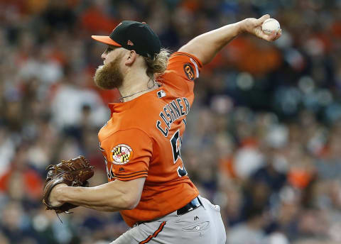 HOUSTON, TEXAS – JUNE 08: Andrew Cashner #54 of the Baltimore Orioles pitches in the first inning against the Houston Astros at Minute Maid Park on June 08, 2019 in Houston, Texas. (Photo by Bob Levey/Getty Images)