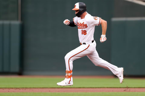 BALTIMORE, MARYLAND – JUNE 12: Trey Mancini #16 of the Baltimore Orioles rounds the bases after hitting a first inning triple against the Toronto Blue Jays at Oriole Park at Camden Yards on June 12, 2019 in Baltimore, Maryland. (Photo by Rob Carr/Getty Images)