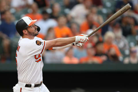 BALTIMORE, MARYLAND – JUNE 25: Trey Mancini #16 of the Baltimore Orioles bats against the San Diego Padres at Oriole Park at Camden Yards on June 25, 2019 in Baltimore, Maryland. (Photo by Patrick Smith/Getty Images)