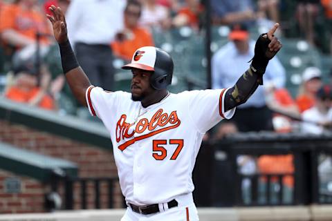 BALTIMORE, MARYLAND – JUNE 26: Hanser Alberto #57 of the Baltimore Orioles celebrates after scoring a run in the first inning against the San Diego Padres at Oriole Park at Camden Yards on June 26, 2019 in Baltimore, Maryland. (Photo by Rob Carr/Getty Images)