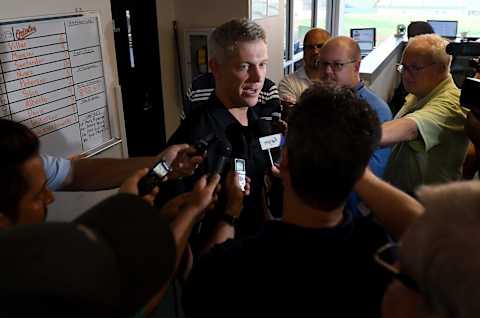 BALTIMORE, MD – AUGUST 01: General Manager Mike Elias of the Baltimore Orioles talks to the media before the game against the Toronto Blue Jays at Oriole Park at Camden Yards on August 1, 2019 in Baltimore, Maryland. (Photo by Greg Fiume/Getty Images)