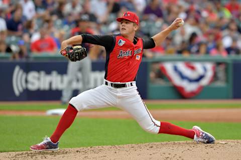 CLEVELAND, OHIO – JULY 07: DL Hall #21 of the American League pitches during the third inning against the National League during the All-Stars Futures Game at Progressive Field on July 07, 2019 in Cleveland, Ohio. The American and National League teams tied 2-2. (Photo by Jason Miller/Getty Images)