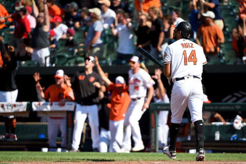 BALTIMORE, MD – AUGUST 11: Rio Ruiz #14 of the Baltimore Orioles watches his walk-off home run leave the park in the ninth inning against the Houston Astros at Oriole Park at Camden Yards on August 11, 2019 in Baltimore, Maryland. (Photo by Will Newton/Getty Images)