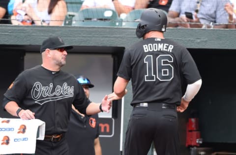 BALTIMORE, MD - AUGUST 25: Trey Mancini #16 of the Baltimore Orioles celebrates scoring with manager Brandon Hyde #18 of the Baltimore Orioles Renato Nunez #39 (not pictured) during a baseball game against the Tampa Bay Rays at Oriole Park at Camden Yards on August 25, 2019 in Baltimore, Maryland. Teams are wearing special color schemed uniforms with players choosing nicknames to display for Players' Weekend. (Photo by Mitchell Layton/Getty Images)