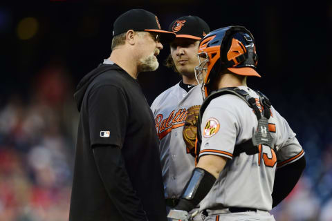 WASHINGTON, DC – AUGUST 28: Pitching coach Doug Brocail #26 of the Baltimore Orioles talks with Asher Wojciechowski #29 and Chance Sisco #15 in the first inning against the Washington Nationals during the interleague game at Nationals Park on August 28, 2019 in Washington, DC. (Photo by Patrick McDermott/Getty Images)