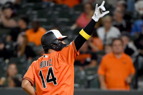 BALTIMORE, MD – SEPTEMBER 07: Rio Ruiz #14 of the Baltimore Orioles celebrates after hitting a solo home run during the fourth inning against the Texas Rangers at Oriole Park at Camden Yards on September 7, 2019 in Baltimore, Maryland. (Photo by Will Newton/Getty Images)