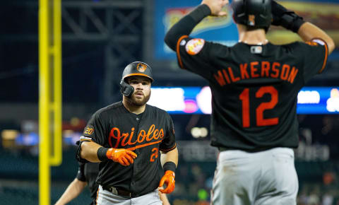 DETROIT, MI – SEPTEMBER 13: DJ Stewart #24 of the Baltimore Orioles celebrates with teammate Stevie Wilkerson #12 after hitting a two run home run in the fifth inning of the game against the Detroit Tigers at Comerica Park on September 13, 2019 in Detroit, Michigan (Photo by Leon Halip/Getty Images)