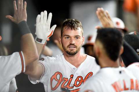 BALTIMORE, MD – SEPTEMBER 17: Trey Mancini #16 of the Baltimore Orioles celebrates with teammates after hitting a two-run home run in the first inning against the Toronto Blue Jays at Oriole Park at Camden Yards on September 17, 2019 in Baltimore, Maryland. (Photo by Greg Fiume/Getty Images)