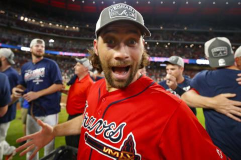 ATLANTA, GA – SEP 20: Charlie Culberson of the Atlanta Braves reacts at the conclusion of an MLB game against the San Francisco Giants in which they clinched the NL East at SunTrust Park on September 20, 2019 in Atlanta, Georgia. (Photo by Todd Kirkland/Getty Images)