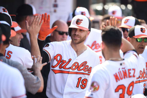 BALTIMORE, MD – SEPTEMBER 22: Chris Davis #19 of the Baltimore Orioles celebrates a solo home run in the eighth inning during a baseball game against the Seattle Mariners at Oriole Park at Camden Yards on September 22, 2019 in Baltimore, Maryland. (Photo by Mitchell Layton/Getty Images)