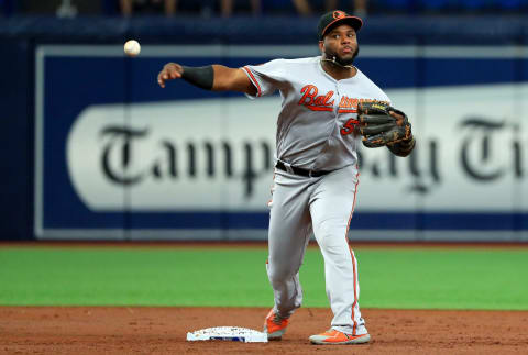 ST PETERSBURG, FLORIDA – SEPTEMBER 03: Hanser Alberto #57 of the Baltimore Orioles turns a double play in the fourth inning during the first game of a doubleheader against the Tampa Bay Rays at Tropicana Field on September 03, 2019 in St Petersburg, Florida. (Photo by Mike Ehrmann/Getty Images)