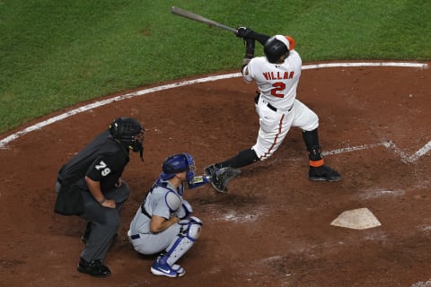 BALTIMORE, MARYLAND – SEPTEMBER 11: Jonathan Villar #2 of the Baltimore Orioles watches his three run home run against the Los Angeles Dodgers during the seventh inning at Oriole Park at Camden Yards on September 11, 2019 in Baltimore, Maryland. The home run was the 6,106th in the majors, breaking the MLB record for most home runs in a single season. (Photo by Patrick Smith/Getty Images)