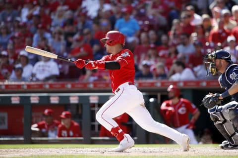 CINCINNATI, OH – SEPTEMBER 26: Jose Iglesias #4 of the Cincinnati Reds hits a double to drive in a run in the eighth inning against the Milwaukee Brewers at Great American Ball Park on September 26, 2019 in Cincinnati, Ohio. The Brewers defeated the Reds 5-3. (Photo by Joe Robbins/Getty Images)