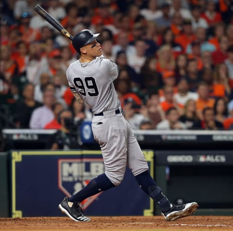 HOUSTON, TEXAS – OCTOBER 13: Aaron Judge #99 of the New York Yankees flies out to right field in the sixth inning during game two of the American League Championship Series at Minute Maid Park on October 13, 2019 in Houston, Texas. (Photo by Bob Levey/Getty Images)