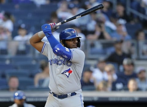 NEW YORK, NEW YORK – SEPTEMBER 21: Vladimir Guerrero Jr. #27 of the Toronto Blue Jays in action against the New York Yankees at Yankee Stadium on September 21, 2019 in New York City. The Yankees defeated the Blue Jays 7-2. (Photo by Jim McIsaac/Getty Images)