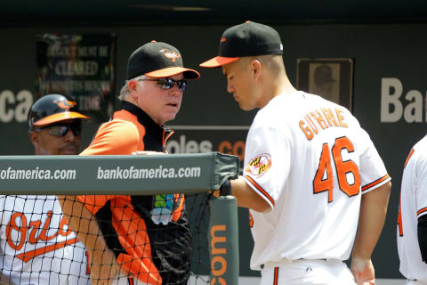 BALTIMORE, MD – JULY 20: Manager Buck Showalter #26 (L) talks with pitcher Jeremy Guthrie #46 of the Baltimore Orioles in the dugout against the Boston Red Sox at Oriole Park at Camden Yards on July 20, 2011 in Baltimore, Maryland. (Photo by Rob Carr/Getty Images)