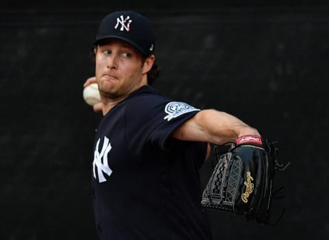 TAMPA, FLORIDA – FEBRUARY 24: Gerrit Cole #45 of the New York Yankees warms up before the spring training game against the Pittsburgh Pirates at Steinbrenner Field on February 24, 2020 in Tampa, Florida. (Photo by Mark Brown/Getty Images)