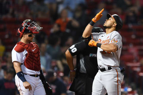 Anthony Santander, #25 of the Baltimore Orioles, reacts after hitting a three-run home run. (Photo by Kathryn Riley/Getty Images)