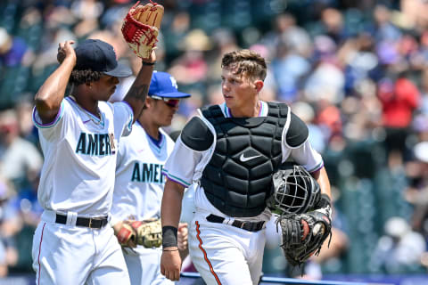 Adley Rutschman #35 of the Baltimore Orioles and the American League Futures Team as they walks off the field during a game against the National League Futures Team. (Photo by Dustin Bradford/Getty Images)