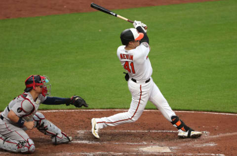 Tyler Nevin #41 of the Baltimore Orioles singles. (Photo by Patrick Smith/Getty Images)