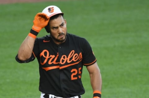 Anthony Santander #25 of the Baltimore Orioles reacts to a pitch. (Photo by Mitchell Layton/Getty Images)