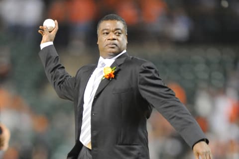 BALTIMORE, MD – AUGUST 11: Former Baltimore Orioles player Eddie Murray throws out the first pitch before a baseball game against the Kansas City Royals on August 11, 2012 at Orioles Park at Camden Yards in Baltimore, Maryland. (Photo by Mitchell Layton/Getty Images)