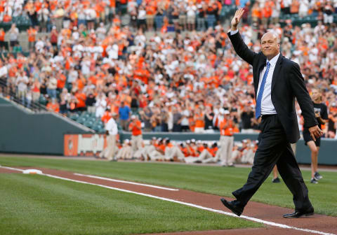 BALTIMORE, MD – SEPTEMBER 06: Hall of fame player and former Baltimore Orioles Cal Ripken Jr., waves to the crowd before throwing out the ceremonial first pitch before the start of the Orioles and New York Yankees game at Oriole Park at Camden Yards on September 6, 2012 in Baltimore, Maryland. (Photo by Rob Carr/Getty Images)