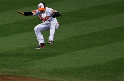 BALTIMORE, MD – JULY 30: Second baseman Brian Roberts #1 of the Baltimore Orioles jumps into the air in an attempt to catch a hit by the Houston Astros in the fourth inning at Oriole Park at Camden Yards on July 30, 2013 in Baltimore, Maryland. The Baltimore Orioles won, 4-3. (Photo by Patrick Smith/Getty Images)