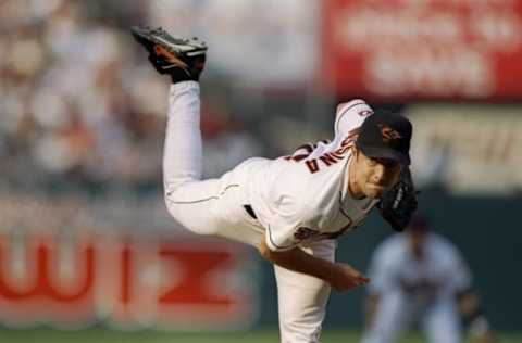 5 Oct 1997: Pitcher Mike Mussina of the Baltimore Orioles throws the ball during a game against the Seattle Mariners at Camden Yards in Baltimore, Maryland. The Orioles won the game, 3-1.