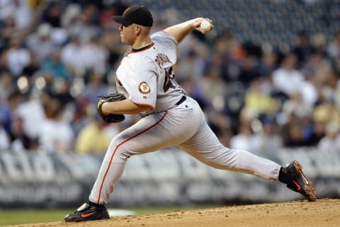 DENVER – AUGUST 27: Starting pitcher Sidney Ponson #43 of the San Francisco Giants delivers a pitch against the Colorado Rockies in the first inning during the game at Coors Field on August 27, 2003 in Denver, Colorado. The Giants won 6-4. (Photo by Brian Bahr/Getty Images)