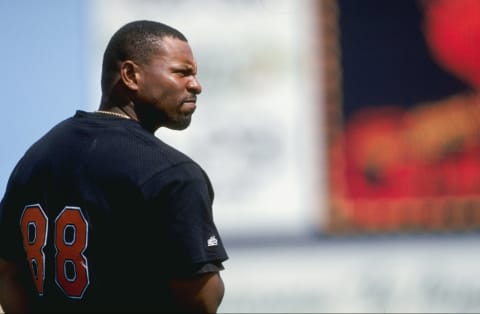 9 Mar 1999: Outfielder Albert Belle #88 of the Baltimore Orioles looking on during the Spring Training game against the St. Louis Cardinals at the Rodger Dean Stadium in Jupiter, Florida. The Orioles defeated the Cardinals 8-5.