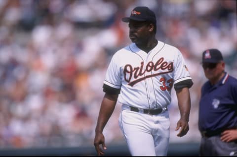 17 May 1998: Coach Eddie Murray of the Baltimore Orioles in action during a game against the Tampa Bay Devil Rays at Camden Yards in Baltimore, Maryland. The Devil Rays won the game, 3-0. Mandatory Credit: Doug Pensinger /Allsport