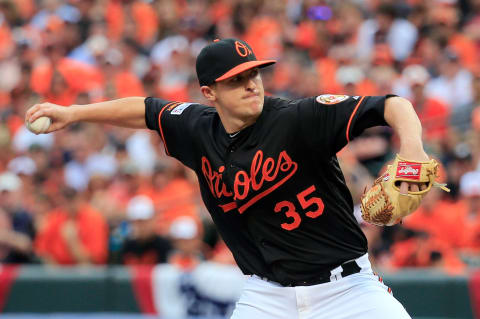 BALTIMORE, MD – OCTOBER 03: Brad Brach #35 of the Baltimore Orioles throws a pit against the Detroit Tigers during Game Two of the American League Division Series at Oriole Park at Camden Yards on October 3, 2014 in Baltimore, Maryland. (Photo by Rob Carr/Getty Images)