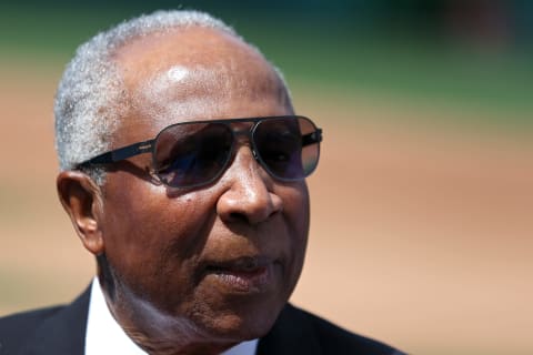 WASHINGTON, DC – MAY 09: Baseball Hall of Famer Frank Robinson speaks to the media before the Atlanta Braves play the Washington Nationals at Nationals Park on May 9, 2015 in Washington, DC. (Photo by Patrick Smith/Getty Images)