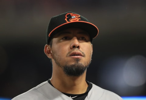 ARLINGTON, TX – APRIL 16: Yovani Gallardo #49 of the Baltimore Orioles at Globe Life Park in Arlington on April 16, 2016 in Arlington, Texas. (Photo by Ronald Martinez/Getty Images)