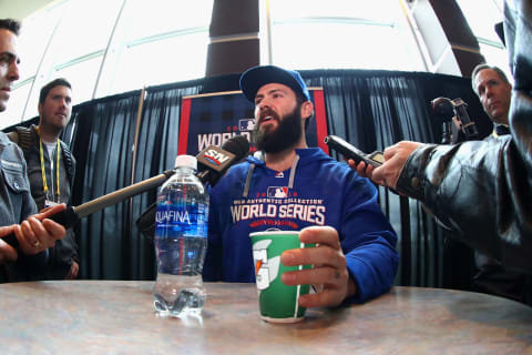 CLEVELAND, OH – OCTOBER 24: Jake Arrieta #49 of the Chicago Cubs is interviewed during Media Day for the 2016 World Series at Progressive Field on October 24, 2016 in Cleveland, Ohio. (Photo by Tim Bradbury/Getty Images)