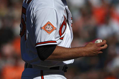 BALTIMORE, MD – APRIL 09: A detailed view of the ’25th Anniversary’ logo patch on an against the Baltimore Orioles player as they play the New York Yankees at Oriole Park at Camden Yards on April 9, 2017 in Baltimore, Maryland. (Photo by Patrick Smith/Getty Images)