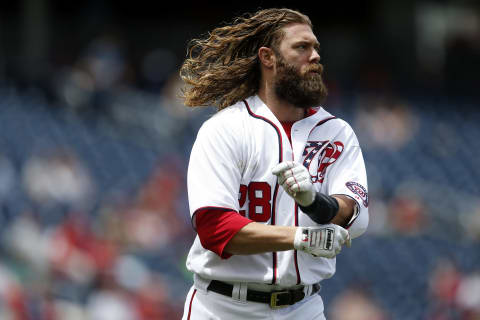 WASHINGTON, DC – MAY 25: Jayson Werth #28 of the Washington Nationals looks on after flying out for the third out of the third inning against the Seattle Mariners at Nationals Park on May 25, 2017 in Washington, DC. (Photo by Matt Hazlett/Getty Images)