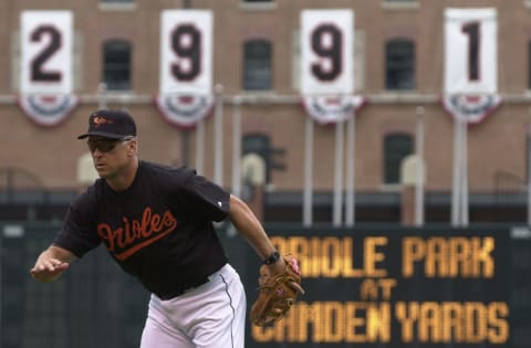 2 Apr 2000: Cal Ripken #8 of the Baltimore Orioles practices with the team on the eve of opening day at Oriole Park at Camden Yards in Baltimore, Maryland. Ripken has 2991 career hits and is in pursuit of his 3000th. <> Mandatory Credit: Doug Pensinger/ALLSPORT