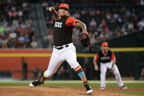 PHOENIX, AZ – AUGUST 26: Taijuan Walker #99 of the Arizona Diamondbacks delivers a pitch in the first inning of the MLB game against the San Francisco Giants at Chase Field on August 26, 2017 in Phoenix, Arizona. (Photo by Jennifer Stewart/Getty Images)