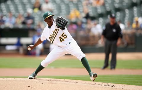 OAKLAND, CA – JUNE 07: Jharel Cotton #45 of the Oakland Athletics pitches against the Toronto Blue Jays at Oakland Alameda Coliseum on June 7, 2017 in Oakland, California. (Photo by Ezra Shaw/Getty Images)