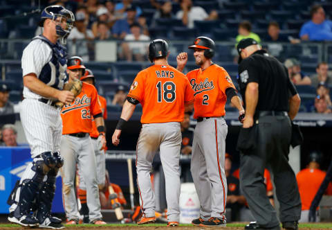 NEW YORK, NY – SEPTEMBER 16: Austin Hays #18 of the Baltimore Orioles celebrates his ninth inning two run home run against the New York Yankees with teammate J.J. Hardy #2 at Yankee Stadium on September 16, 2017 in the Bronx borough of New York City. The home run was the first in the major leagues for Hayes. (Photo by Jim McIsaac/Getty Images)