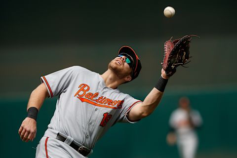 OAKLAND, CA – MAY 06: Chris Davis #19 of the Baltimore Orioles catches a fly ball hit off the bat of Stephen Piscotty (not pictured) of the Oakland Athletics during the seventh inning at the Oakland Coliseum on May 6, 2018 in Oakland, California. The Oakland Athletics defeated the Baltimore Orioles 2-1. (Photo by Jason O. Watson/Getty Images)