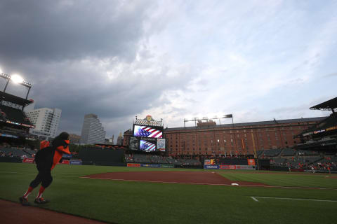 BALTIMORE, MD – May 15: The Oriole Bird mascot runs on the field during a rain delay of the Baltimore Orioles and Philadelphia Phillies game at Oriole Park at Camden Yards on May 15, 2018 in Baltimore, Maryland. (Photo by Rob Carr/Getty Images)