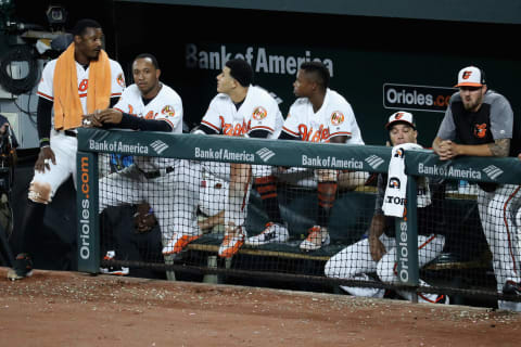 BALTIMORE, MD – AUGUST 31: Members of the Baltimore Orioles look on during the ninth inning of their 11-8 loss to the Toronto Blue Jays at Oriole Park at Camden Yards on August 31, 2017 in Baltimore, Maryland. (Photo by Rob Carr/Getty Images)