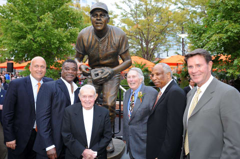 BALTIMORE, MD – SEPTEMBER 29: Former Oriole Brooks Robinson poses for photos with former Orioles Cal Ripken Jr., Eddie Murray, Earl Weaver, Frank Robinson and Jim Palmer at a ceremony in his honor before the game between the Baltimore Orioles and the Boston Red Sox at Oriole Park at Camden Yards on September 29, 2012 in Baltimore, Maryland. (Photo by Greg Fiume/Getty Images)