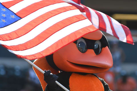 BALTIMORE, MD – SEPTEMBER 24: The Baltimore Orioles mascot waves the American Flag during the seventh inning stretch against the Tampa Bay Rays at Oriole Park at Camden Yards on September 24, 2017 in Baltimore, Maryland. (Photo by Greg Fiume/Getty Images)