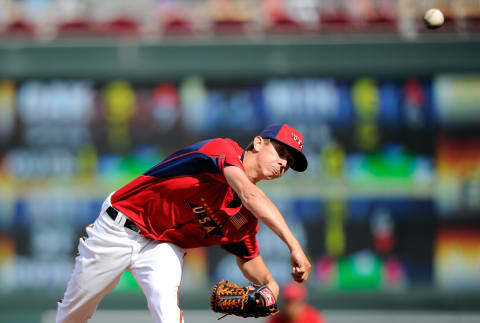 MINNEAPOLIS, MN – JULY 13: Hunter Harvey of the U.S. Team during the SiriusXM All-Star Futures Game at Target Field on July 13, 2014 in Minneapolis, Minnesota. (Photo by Hannah Foslien/Getty Images)